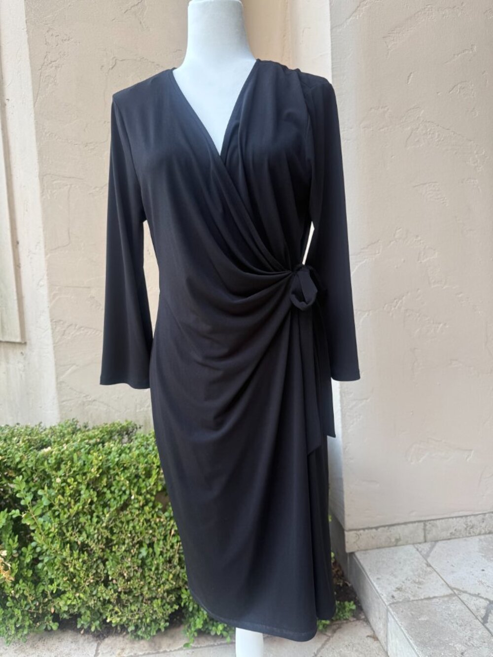 Anne Klein Black Wrap Dress with Flattering Gathered side Tie